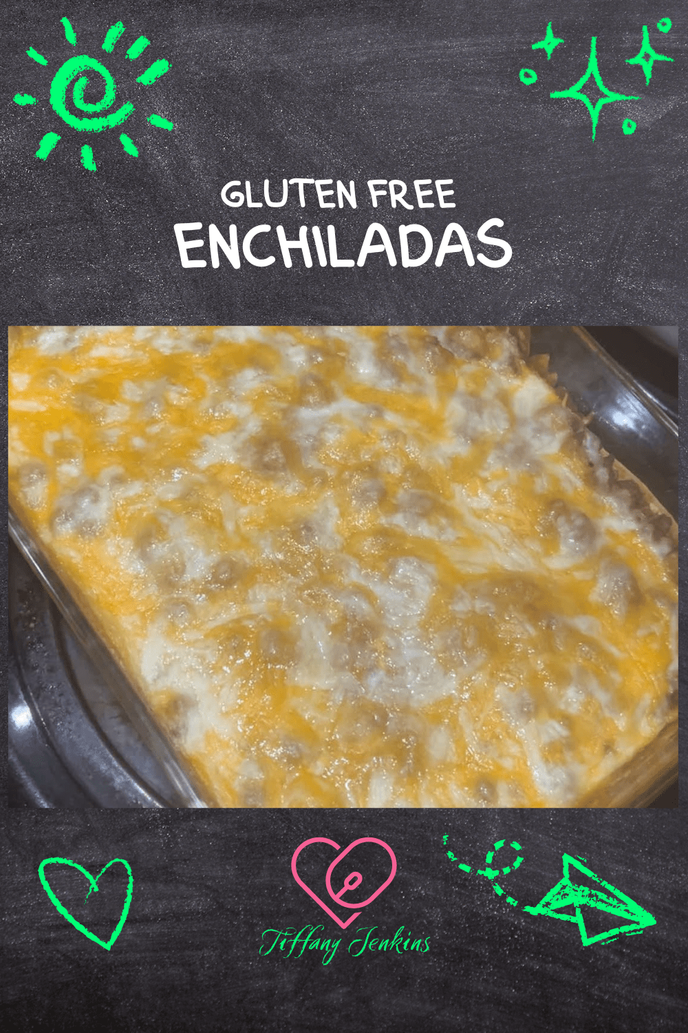 Cheesy enchilada casserole in a baking dish, layered with corn tortillas and beef, topped with melted cheese and cilantro.
